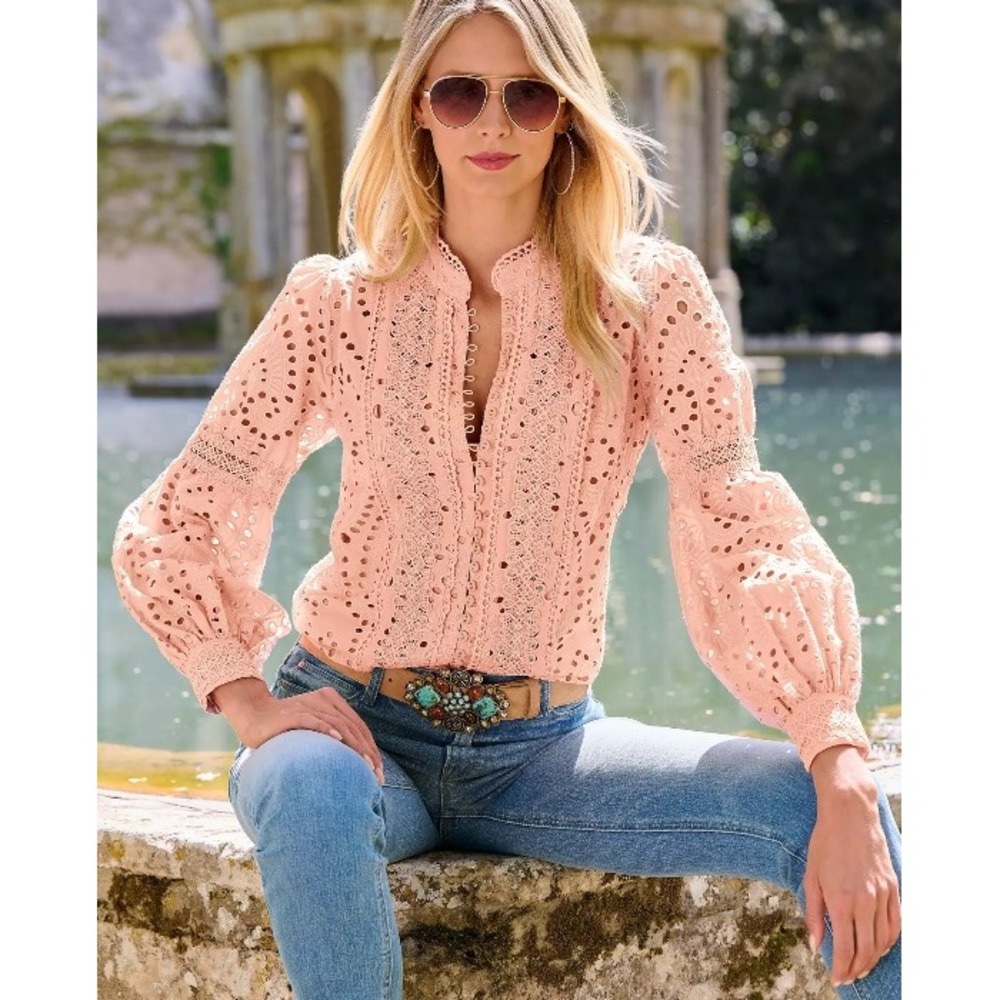 Boston Proper Womens Blouse Eyelet Lace Button S Boho Romantic Cottagecore